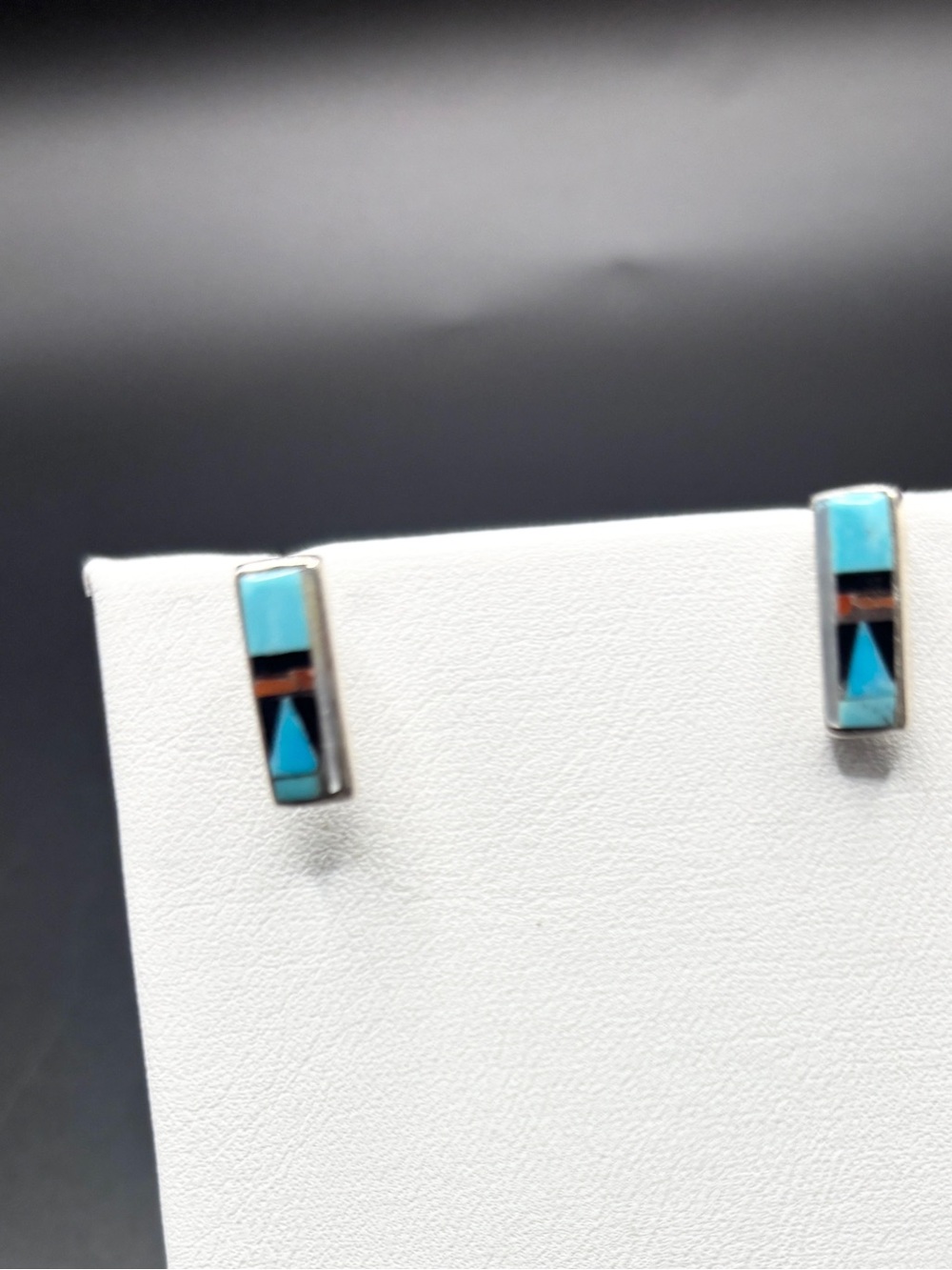 Sterling Silver earrings with Onyx,Coral,and Turquoise inlay